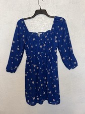 Blue White Floral Smocked Puff Sleeve Short Boho Dress Size Large
