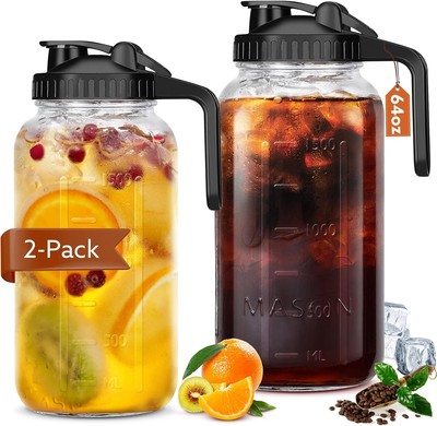 Glass Pitcher with Lid, 64 OZ Mason Jar Double Leak 2Pack 64OZ, Black 