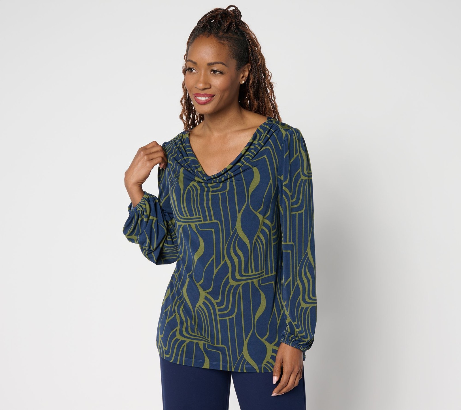 Susan Graver Women's Top Sz L Printed Liquid Knit Cowl Neck Multi-colored