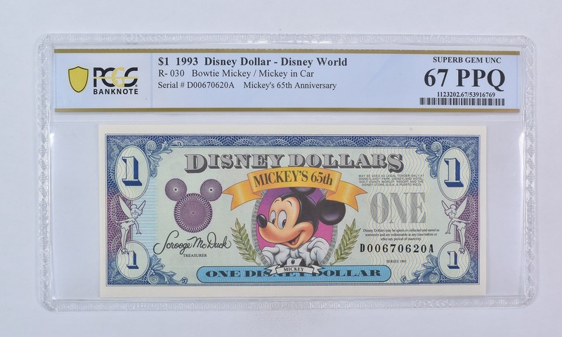1993 $1 Disney Dollar Disney World Bowtie Mickey R-030 Gem Unc 67 PPQ PCGS *4135