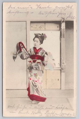 Geisha Kimono Fan handkolorierte Postkarte verschickt Belgien nach USA langer Zweig NJ
