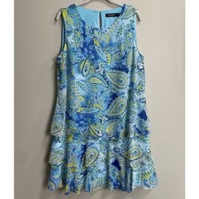 Lauren Ralph Lauren Cream Blue Combo Paisley Georgette Shift Dress Size 14