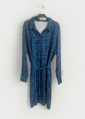 WOOLOVERS Teal Blue Floral Stretch Cotton Shirt Dress Size XL RRP £50  UK
