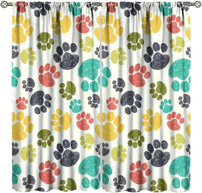 Dog Blackout Window Curtains, Hand Drawn Paw Print Doodles Pattern Animal Window