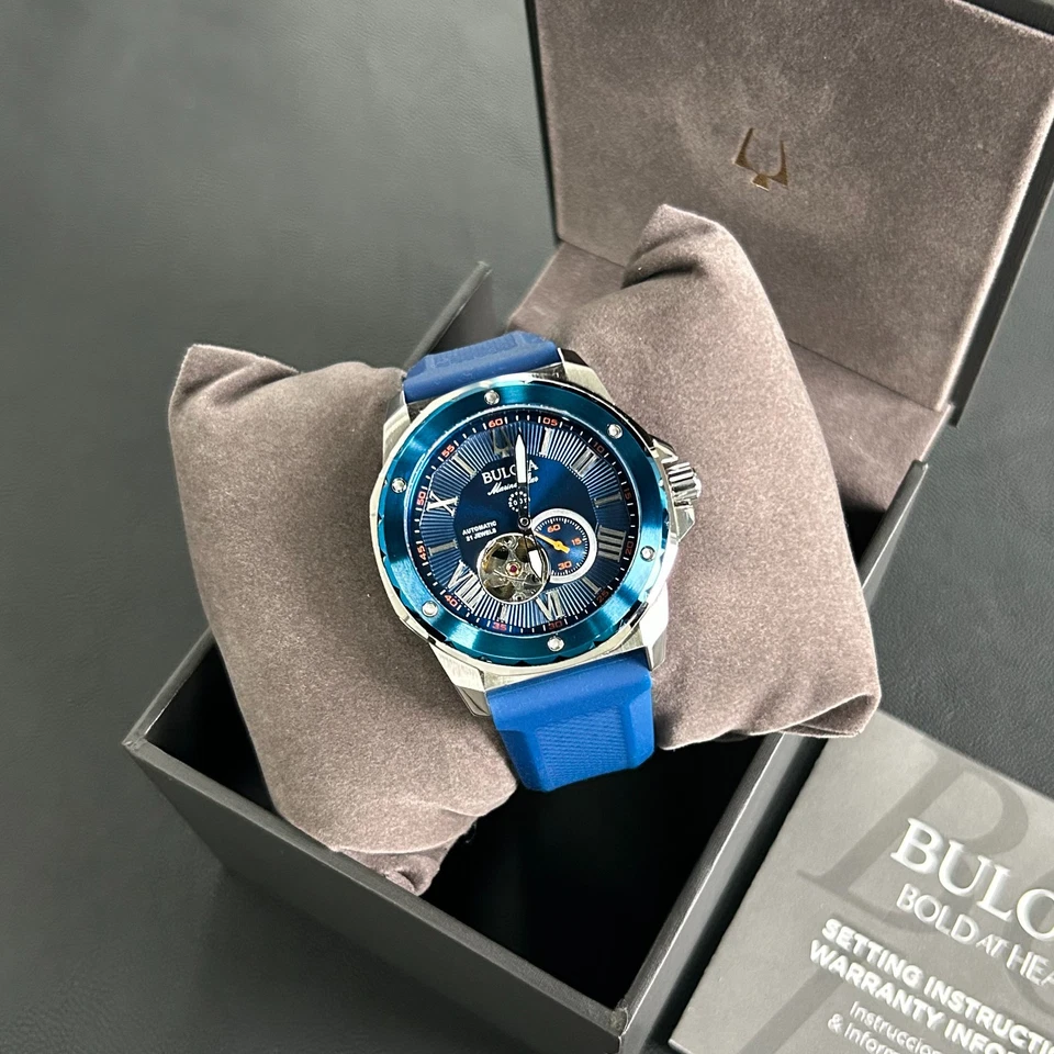 Reloj automático para hombre Bulova Marine Star esfera azul-correa de silicona azul 98A303 45 mm Foto 4 de 4