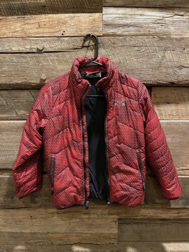EUC Under Armour Black Full Zip Hooded Ski Puffer Jacket Size Youth Small Red - Picture 1 of 3