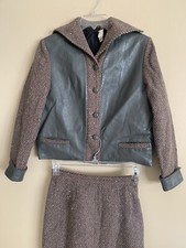 Vintage 50s 60s Tweed Leather Suit Wool Jacket Skirt Set S/M
