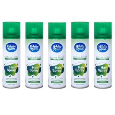 5 Pack White Rain Aerosol Hairspray Unscented Extra Hold 7.0Oz Each