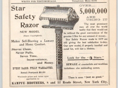 1902 Star Safety Razor Fully Warranted Kampfe Brothers Print Ad 4 x 4. ...