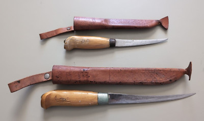 J Marttiini Finland 2 Stainless Fillet Knives & Leather Sheath 11'' & 8'' LOT