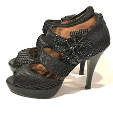 Poetic Licence Heels Pumps Womens 9 Black Satin Rhinestones Bow Peep Toe Party