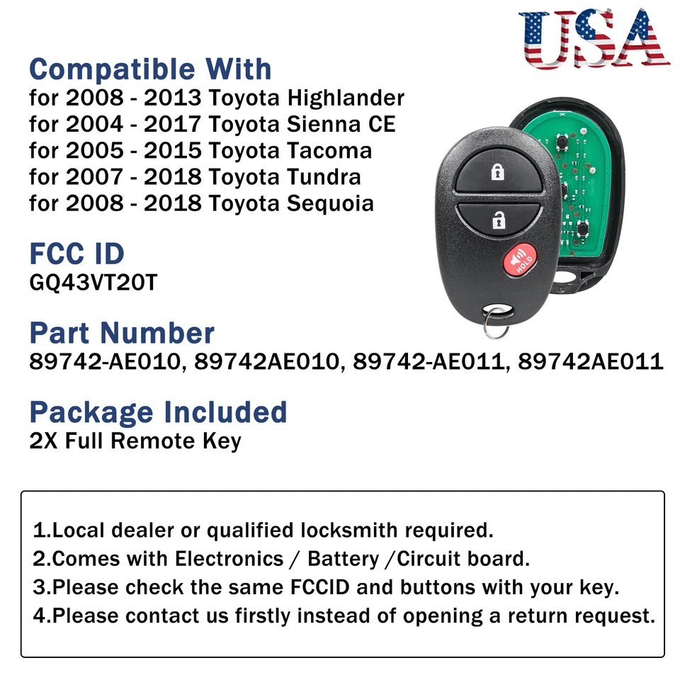 2 For 2005 - 2010 Toyota Tacoma Remote Keyless Entry Control Key Fob GQ43VT20T - Image 2 of 4