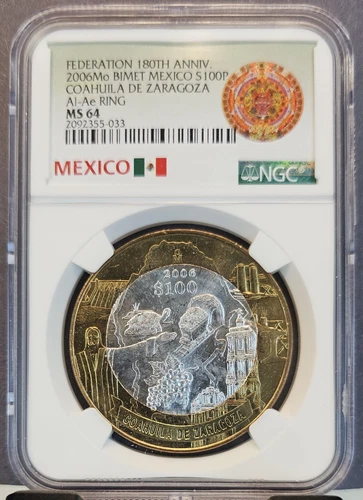 2006 MEXICO SILVER 100 PESOS COAHUILA DE ZARAGOZA NGC MS 64 BRIGHT BU COIN