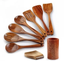 9 Piece Natural Teak Wooden Kitchen Utensil Set with Spoon Rest and Spoon Holder