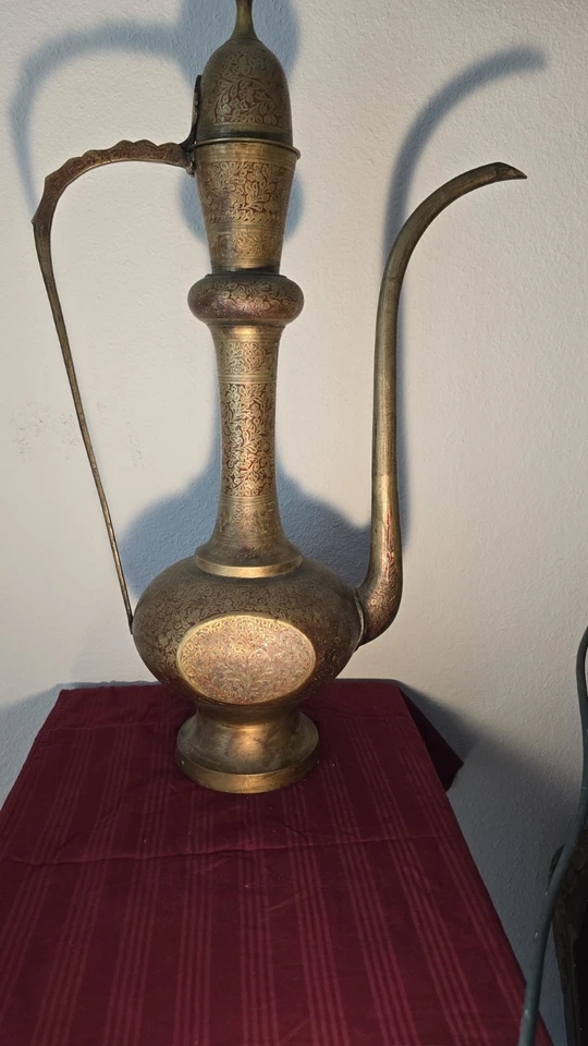 Antique Large 26" Brass Ewer Islamic Persian MiddleEast Coffee Pot Hand Engraved - Image 2 of 4