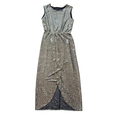 Gold Dot Sequin Maxi Dress Sleeveless Tulip Hem Elastic Waist Glam Costume