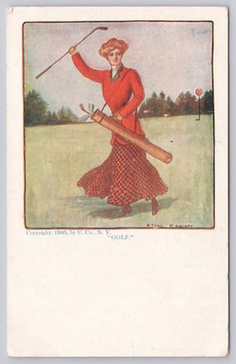 F. Earl Christy ''Golf'' Lady Golfer Red Jacket Artist Signed Postcard VTG Golf