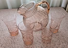 Pink Depression Glass Tilt Ball Pitcher  Ice Lip 4 Flower Etched Glasses  MCM