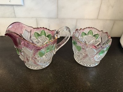Vintage Colored Lead Cut Glass Sugar Creamer  Set Heavy