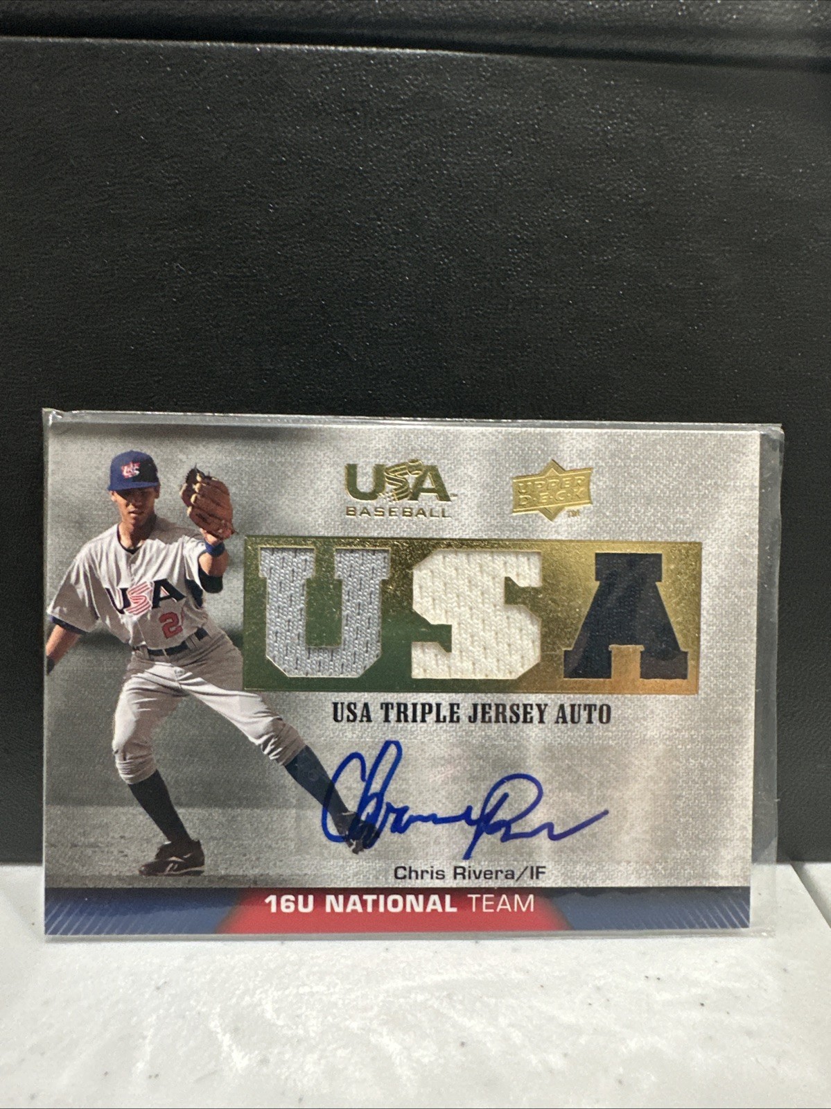 CHRIS RIVERA 2009 UD USA BASEBALL GAME-USED 3 COLOR TRIPLE PATCH AUTO ⚾️ L2