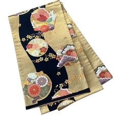 Unused Japanese Kimono Silk Formal FUKURO OBI Sash Belt Metallic thread Black