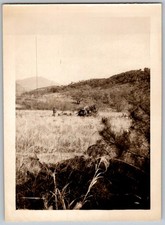 Vtg B&W Snapshot Man In Field Near Camouflaged Military Position Hills 1950s