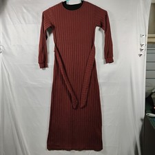 SHEIN Womens Long Sleeve Ribbed Knit Belted Sweater Dress Small Brown