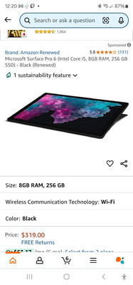 Microsoft KJT-00001 Surface Pro 6 12.3in. Intel i5-8250U 256GB Tablet Computer -
