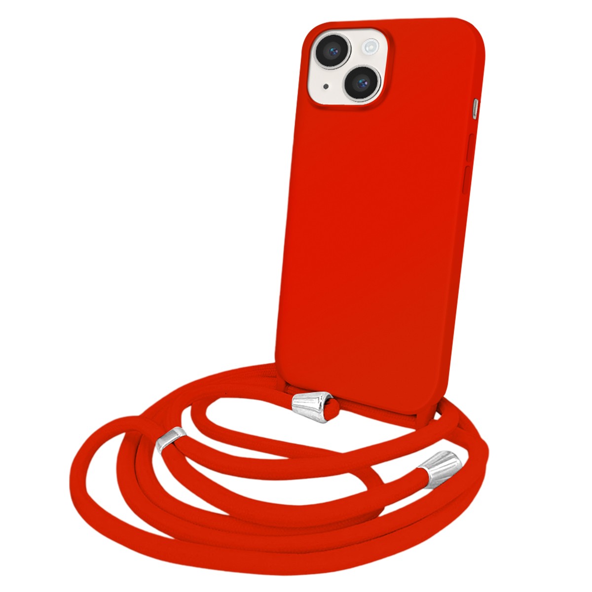 Coque luxe iPhone 14 dentelle rouge Moxie et sa chaine de transport