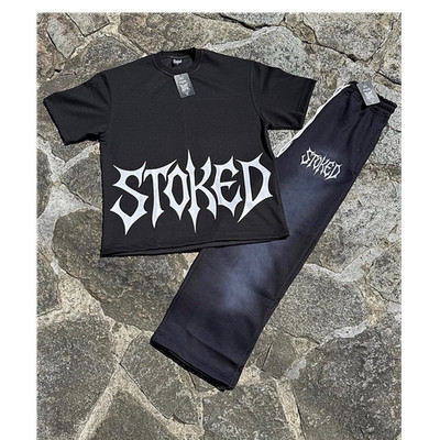 Stoked Men's Black T-Shirt & Track Pants Set L Polyester Blend Relaxed Sweatsuit