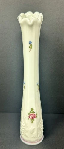 Vintage Westmoreland Milk Glass Paneled Grape Roses & Bows Swung Bud Vase A2