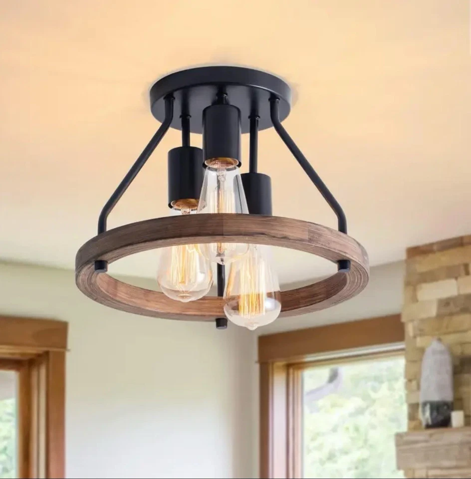 Modern farmhouse wood semi-recessed ceiling light - Image 2 of 3