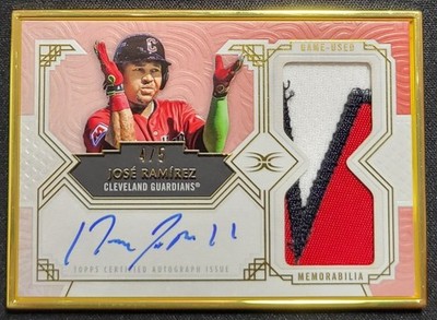 JOSE RAMIREZ 2025 TOPPS DEFINITIVE GOLD FRAMED PATCH AUTO RED #4/5 GUARDIANS SSP