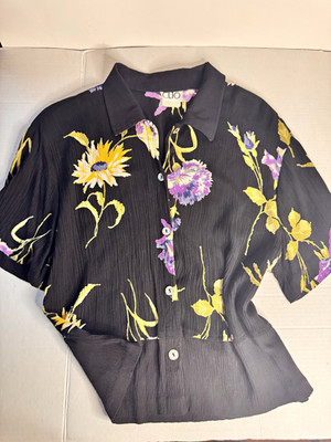 CLIO Black Floral Knit Collared Button-Up Short Sleeve Rayon Blouse Size L