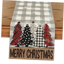 Buffalo Plaid Xmas Trees Merry Christmas 13" x 36", Table Runner Black/White