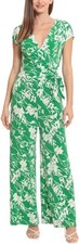 Maggy London Swinger Jumpsuit Sz4 Green  White Floral Faux Wrap Style Wide Leg