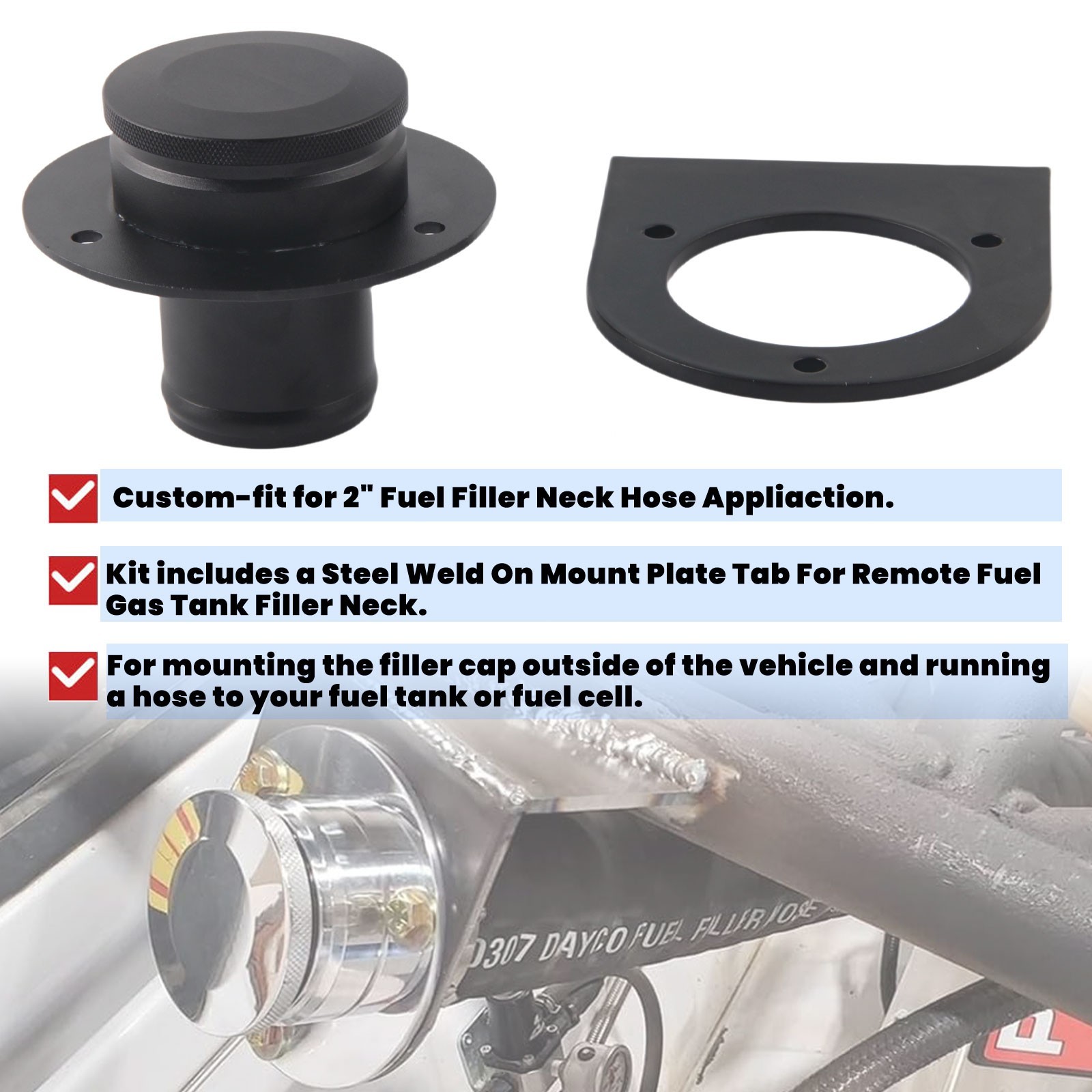 17-2530 Remote Fuel Tank Filler Neck For 2" Hose with cap & mount bracket black