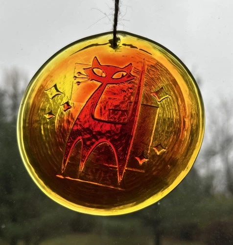 Blenko 2025 Glass Space Kitty Suncatcher Tangerine Ornament - Etched
