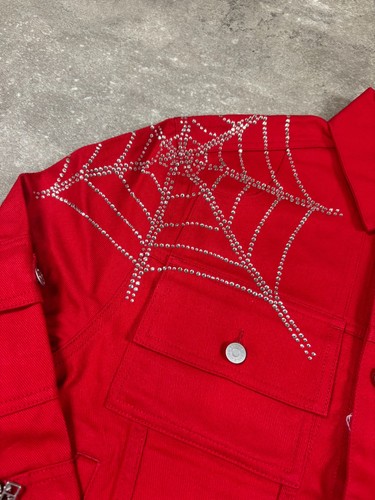Sp5der Web Rhinestone Denim Cropped Trucker Jacket Red - 第 5/14 張圖片