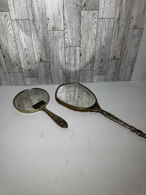 VTG Ornate Brass Hand Mirror Gold Tone Beveled Glass Vanity Decor Heavy Set Of 2