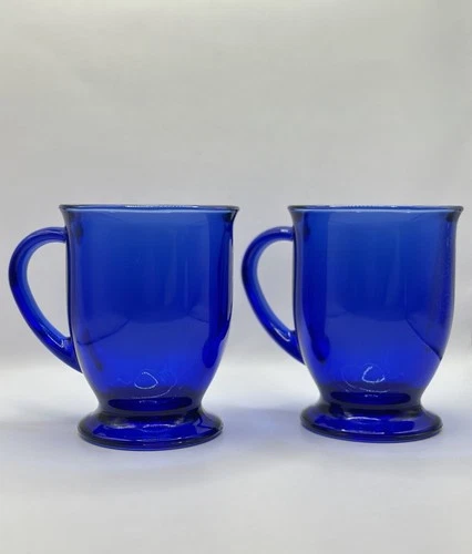 1970s Vtg Anchor Hocking Cobalt Blue Glass Pedestal Coffee Mug 16oz Set Of 2 USA