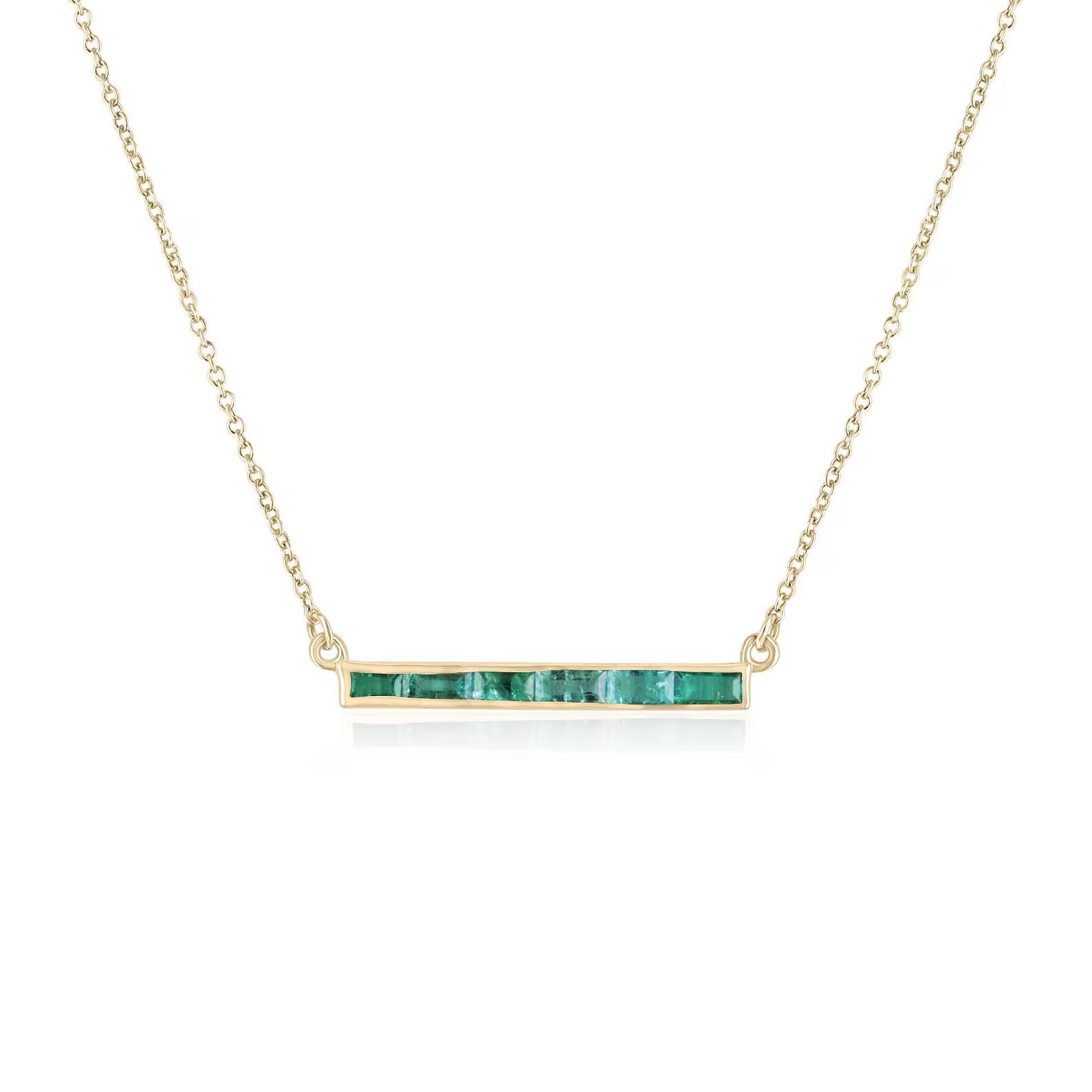 0.90tcw Natural Emerald Bar E2W Stacking Stationary Necklace Gold 14K