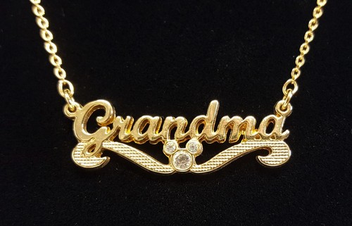 DISNEY Grandma Gold-Plate Necklace Mickey 3 Crystal Head Banner Name Title Adjst - Picture 2 of 19