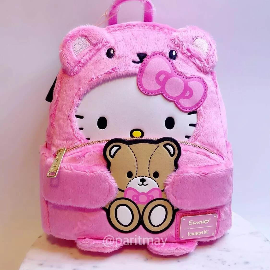 hello kitty 3-way backpack super plush party Hello Kitty Teddy Bear Cosplay Pink Plush Mini Backpack Loungefly & Sanrio  NWT