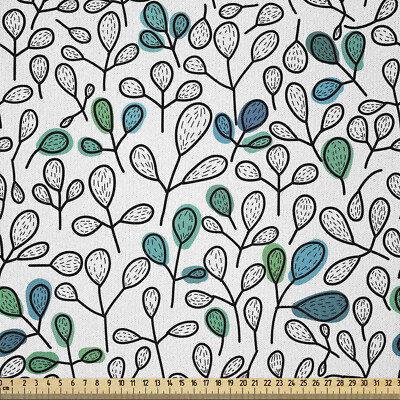 Abstrakt Microfaser Stoff als Meterware Grafik Doodle Blätter Blau