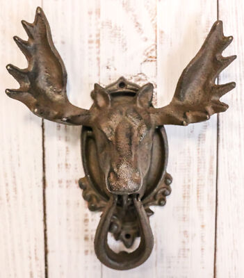 Ebros Rustic Western Forest Horned Bull Moose Head Cast Iron Door Knocker 10''H