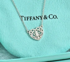 Tiffany & Co Silver Enchant Scroll Small Heart 18" Necklace in Pouch Rare Love