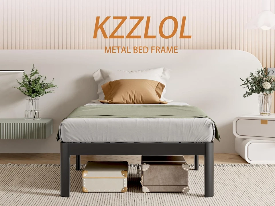 Marcos de cama dobles negros 12 pulgadas, marco de cama de metal tamaño doble sin necesidad de somier, D Foto 3 de 4