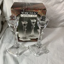 Tuscany Tulip Candlesticks 24% Lead Crystal Candle Holders Clear Flower Vintage