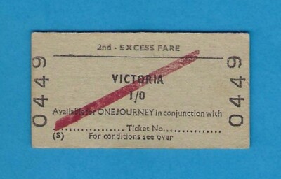 British Railways Ticket - BR(S) 2nd Excess Fare - Victoria 1/0 - London - 1966